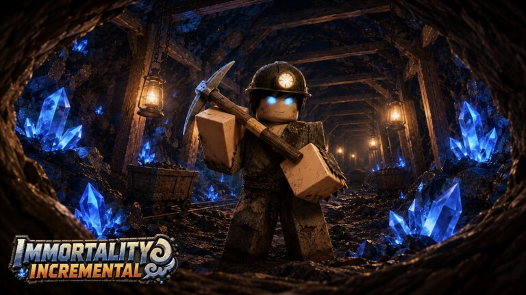 Miner with a pickaxe in the crystal cave of Immortality Incremental