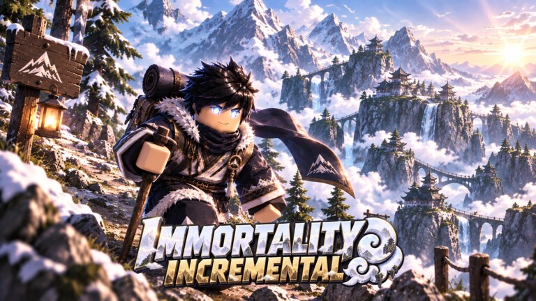 Snowy mountain realm artwork from Immortality Incremental on Roblox